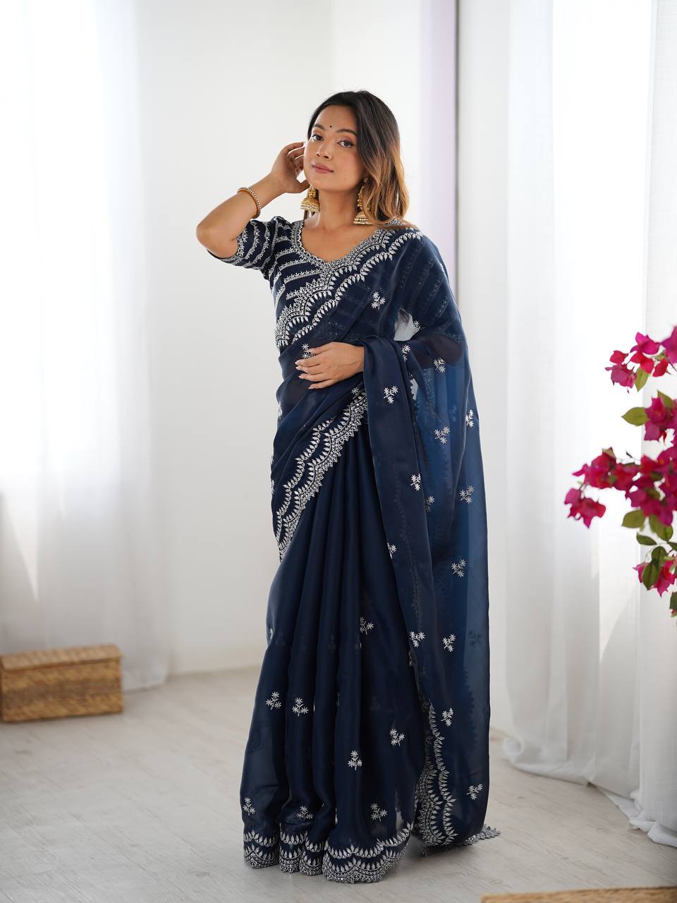 Women's Elegant Regal Purple Georgette Saree with Intricate Silver Thread & Sequin Embroidery β Complete with Embellished Blouse Piece for Festive & Party Wear - Image 14