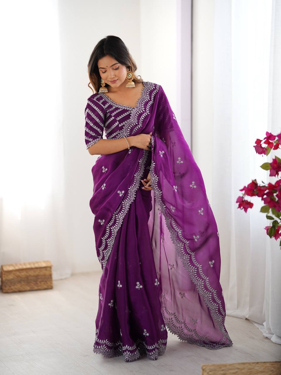 Women's Elegant Regal Purple Georgette Saree with Intricate Silver Thread & Sequin Embroidery β Complete with Embellished Blouse Piece for Festive & Party Wear - Image 26