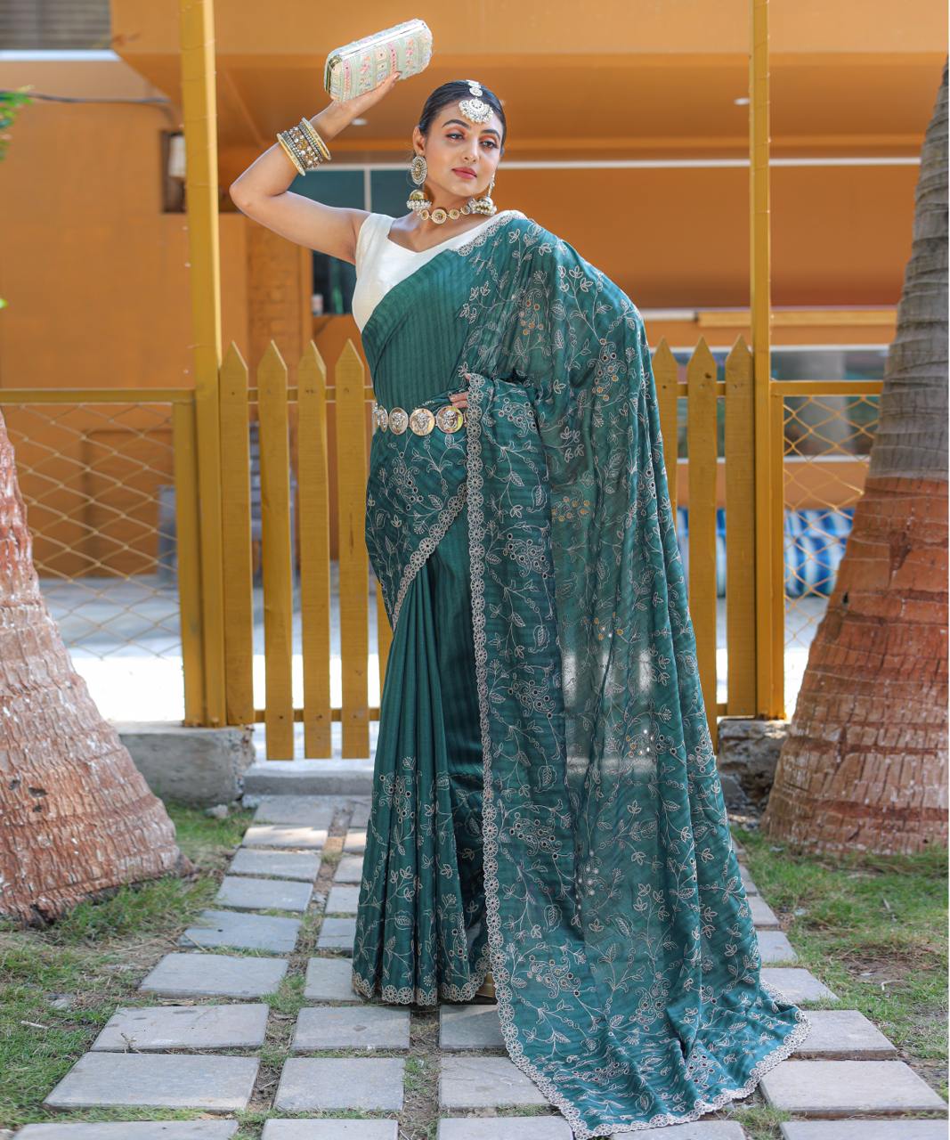 Women's Royal Prussian Blue Georgette Saree with Intricate Silver Thread & Mirror Work Embroidery – Perfect for Festive & Wedding Celebrations - Image 20